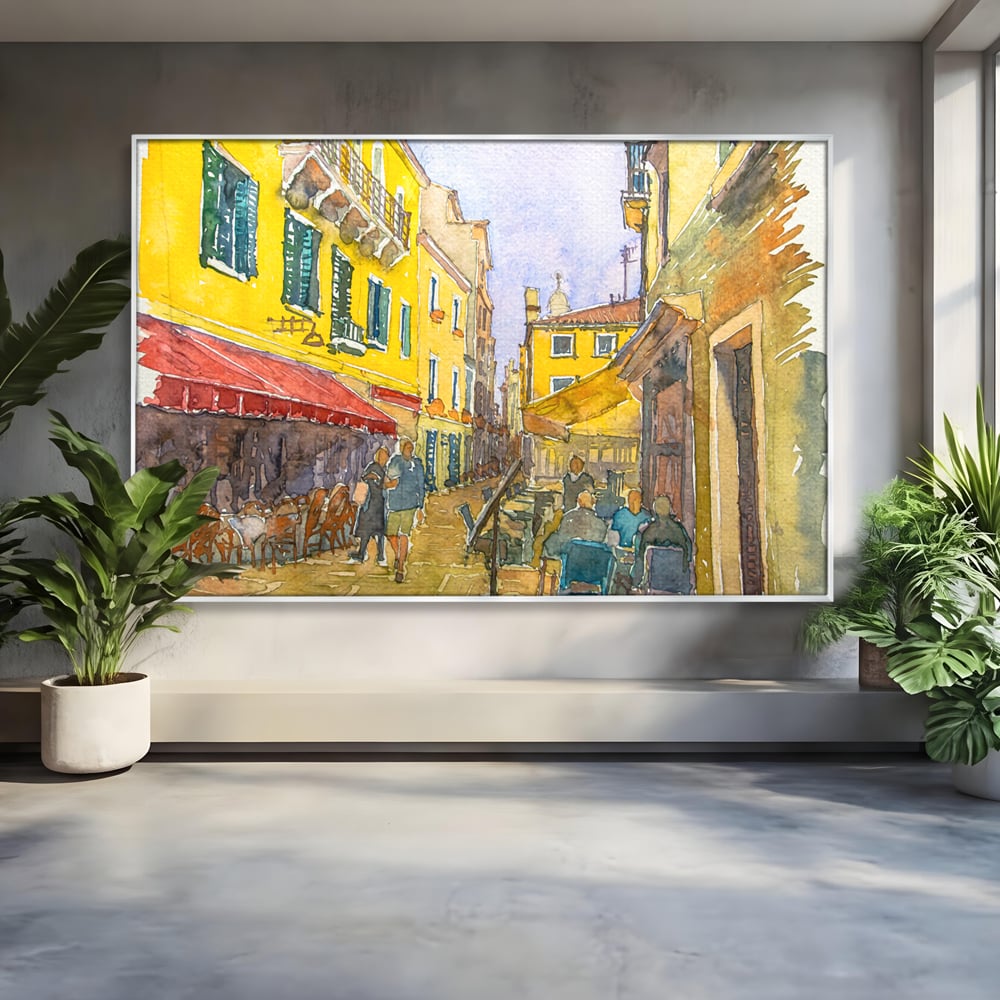 Tablou canvas cu pictura acuarela strada cu terase, in rama de aluminiu argintiu